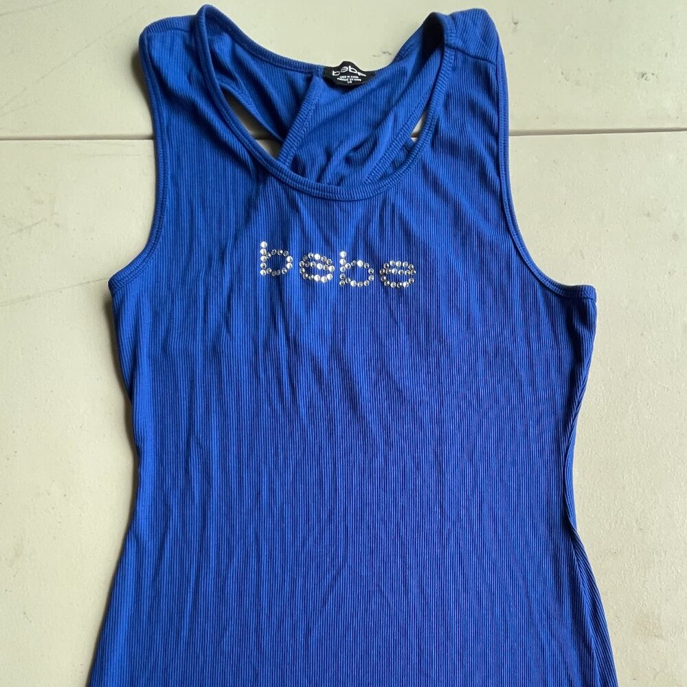 Bebe Sapphire Blue Ribbed Halter Dress Large Beaded Bodycon Y2K Racerback